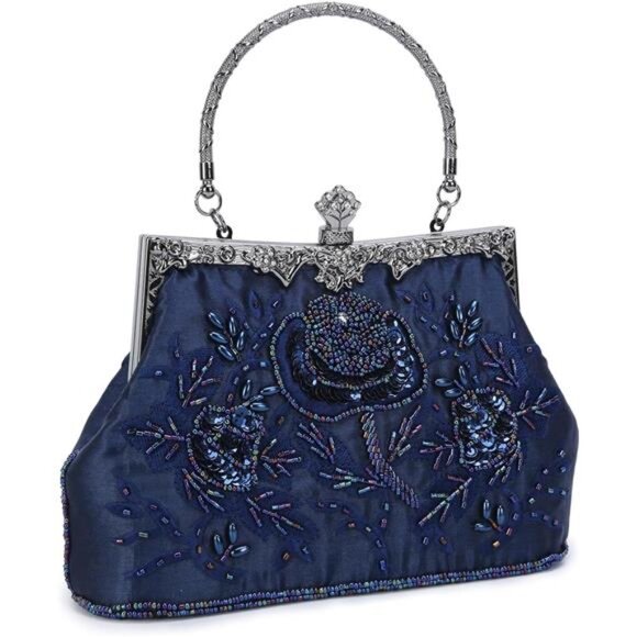 Women's Embroidered Beaded Sequin Evening Clutch Large Wedding Party Purse - Picture 1 of 7